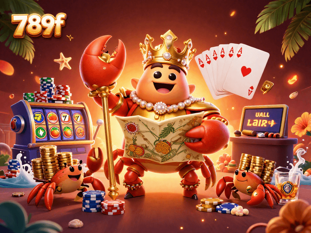 Engage in thrilling gameplay at 789f with the crab emperor surveying a lively casino scene filled with vibrant slot elements.