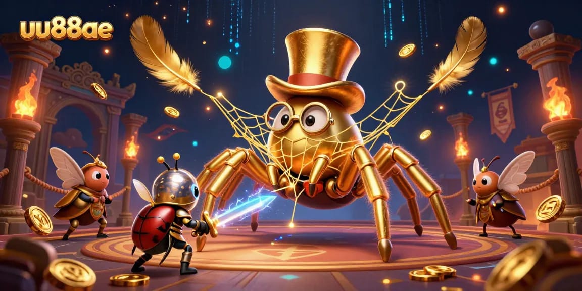 Bet big at uu88ae with an exciting scene of a golden tarantula casino, beetle knight, and moth spectators.