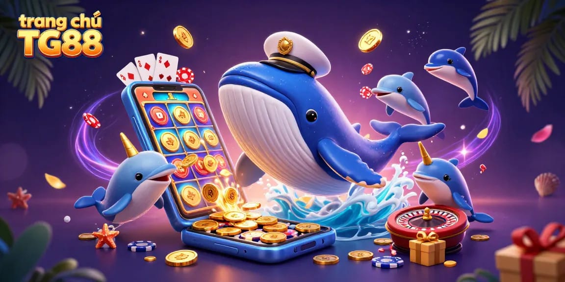 Experience the vibrant excitement of trang chủ TG88 with playful dolphins and a whale amidst casino-themed elements.