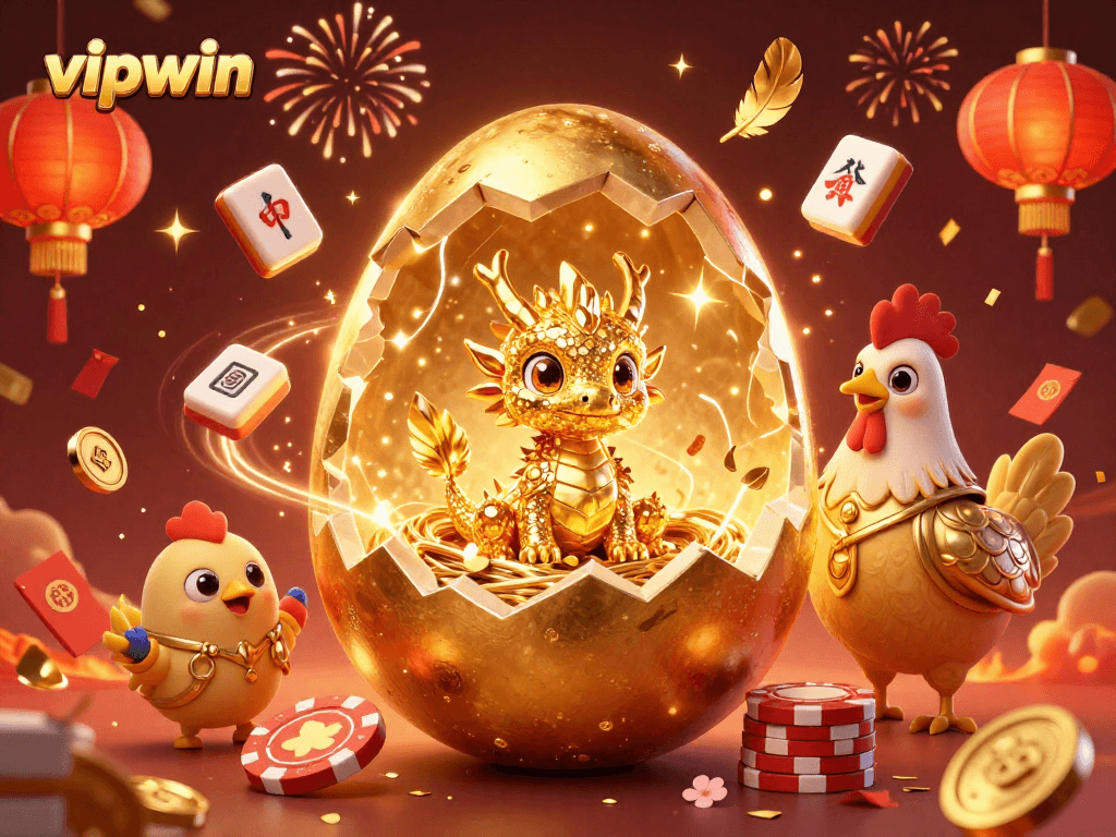 Engage with vipwin's thrilling, colorful gaming experience featuring a golden dragon and poker chips