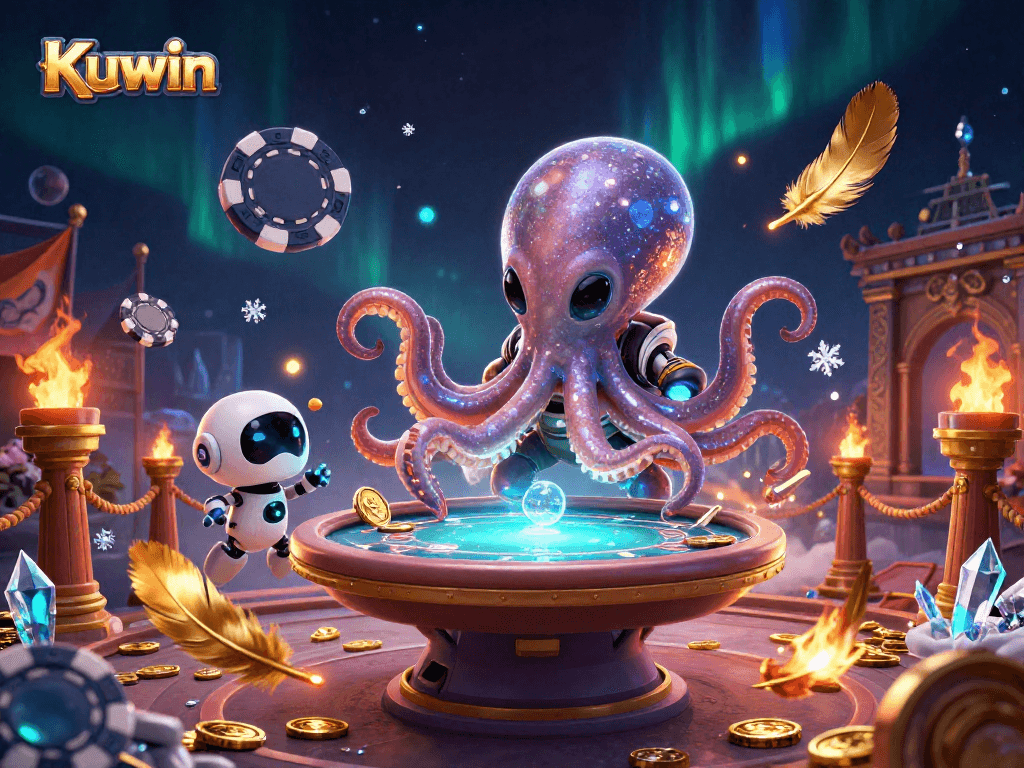 Kuwin showcases a vibrant 3D casino scene featuring an alien octopus and a robot at a dynamic poker table