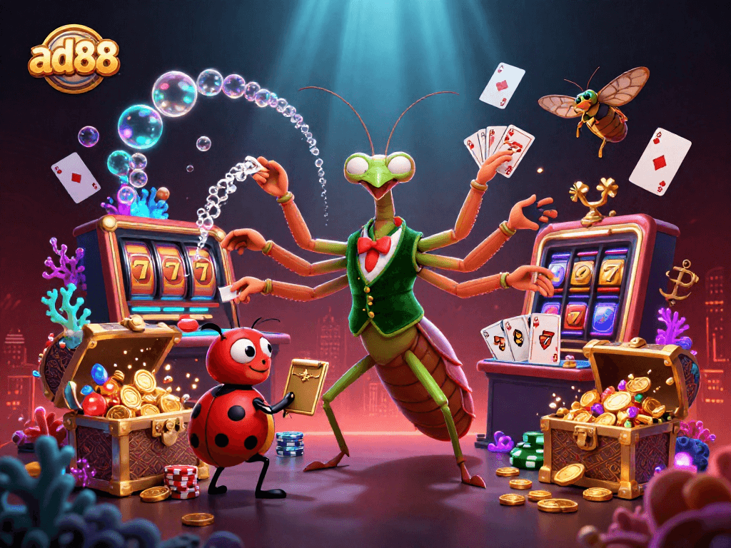 Engage with ad88's thrilling slot action illustrated by a vibrant scene with a mantis dealer and jewel-filled treasure.