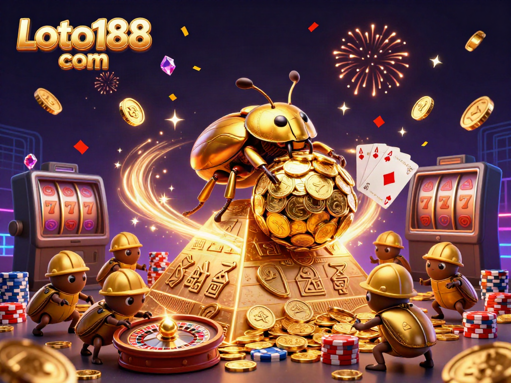 Experience the vibrant energy of Loto188 com with golden coins, beetles rolling in a dynamic casino scene.