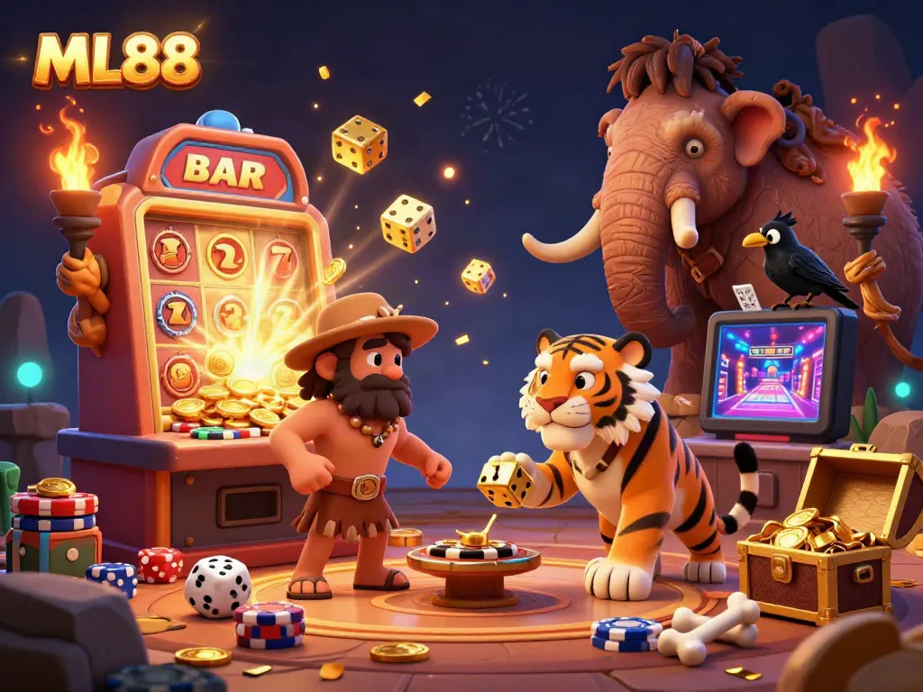 Engage in thrilling gameplay at ML88 with vibrant 3D characters managing a prehistoric casino packed with excitement.