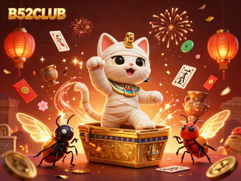 Join the excitement at B52CLUB in a vibrant pyramid casino with floating hieroglyph cards.