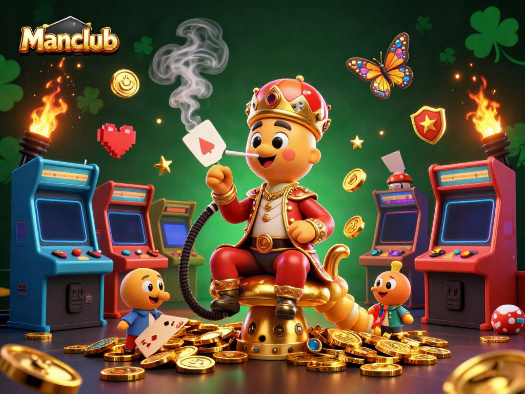 Experience the exciting world of Manclub with a vibrant 3D gaming scene filled with unique characters and casino elements.