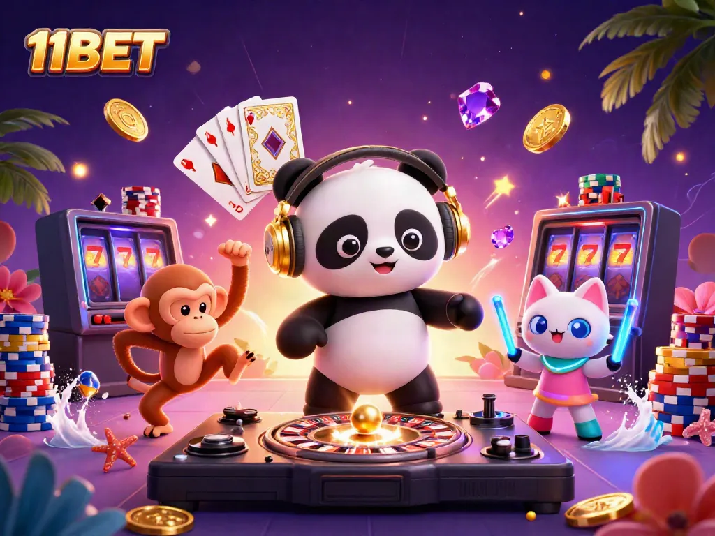 11BET's vibrant scene of a DJ panda spinning roulette wheels, showcasing winning moments with colorful elements.
