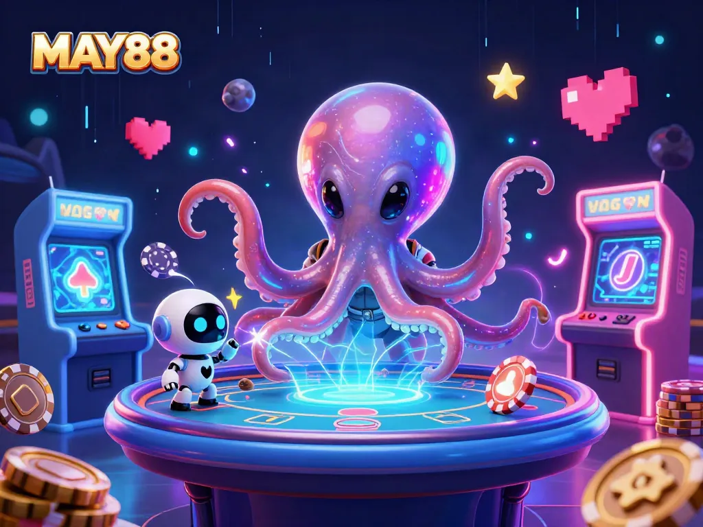 Experience thrilling gameplay at MAY88 with an alien octopus masterfully operating a holographic poker table.