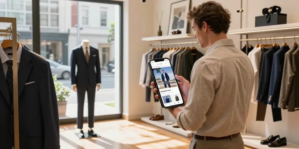 Man shopping at a men's clothing online boutique, highlighting stylish summer sale items.