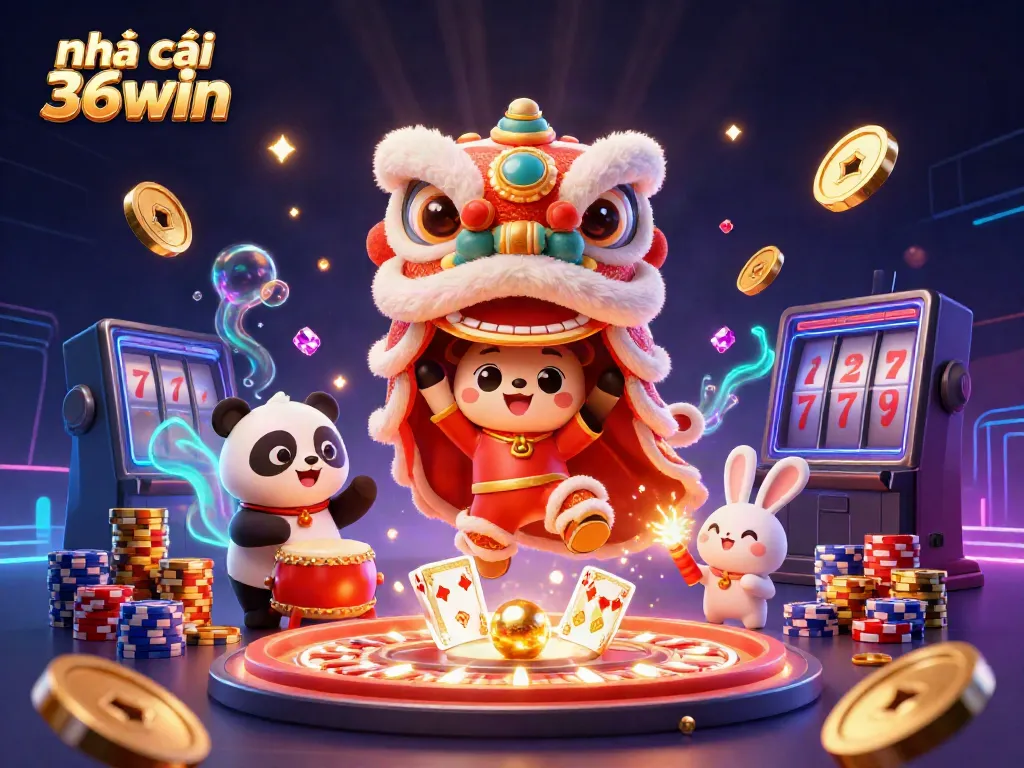 Experience excitement at Nhà cái 36win with vibrant lion dance and 3D casino elements.