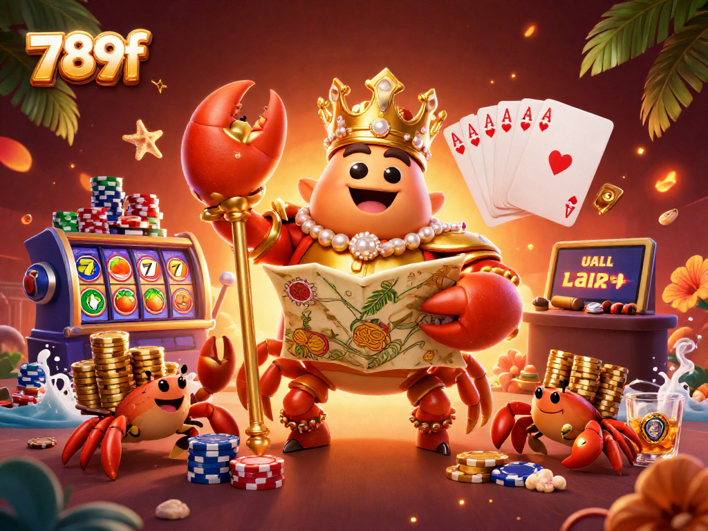 Engage in thrilling gameplay at 789f with the crab emperor surveying a lively casino scene filled with vibrant slot elements.