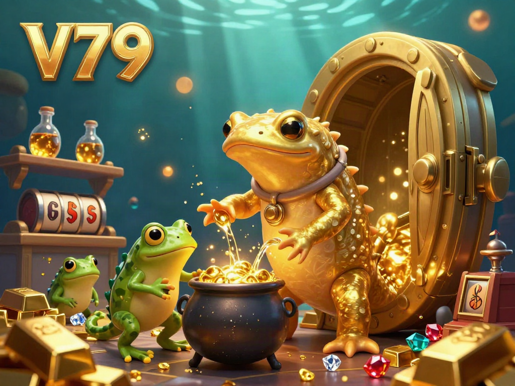 Experience the vibrant world of V79 with an enchanting illustration of an alchemist turning gold as fellow creatures assist in a dynamic casino setting.