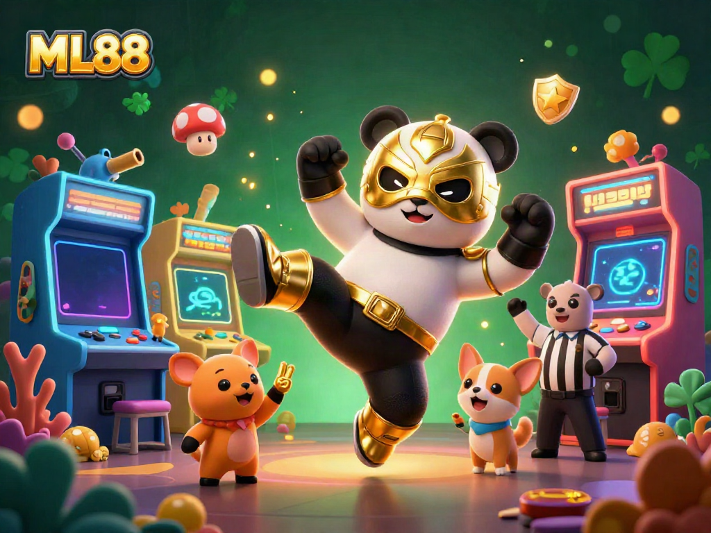 Engage with ML88's thrilling underwater fish shooting game featuring a panda wrestler and lively animal fans.