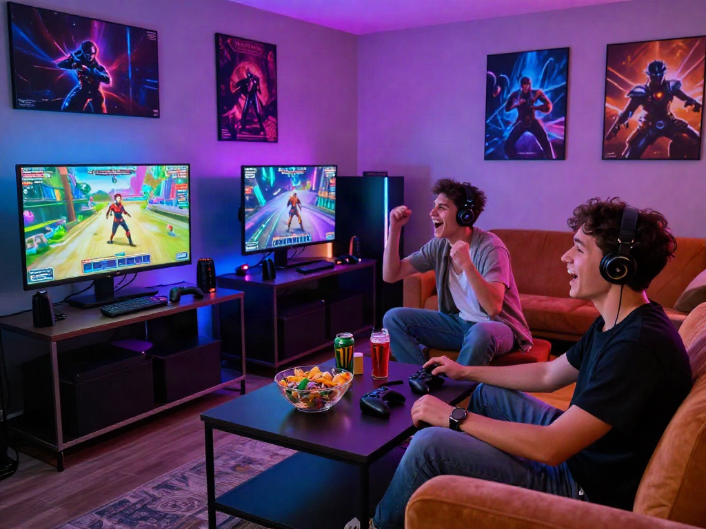 Friends enjoying engaging porn games in a vibrant gaming lounge.