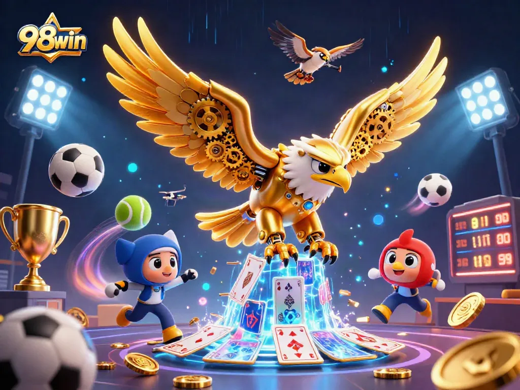 Experience the excitement of 98win with dynamic holographic cards and a golden eagle amidst vibrant casino elements.