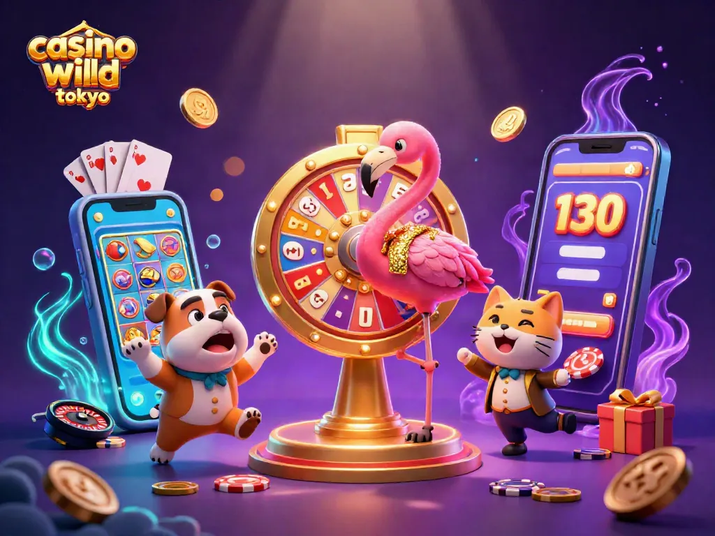 Experience thrill at casino wild tokyo as cartoon characters spin a prize wheel amidst dynamic gaming elements.