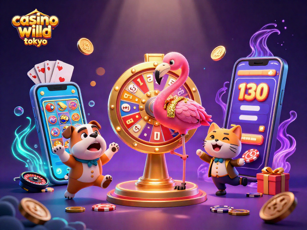 Experience thrill at casino wild tokyo as cartoon characters spin a prize wheel amidst dynamic gaming elements.