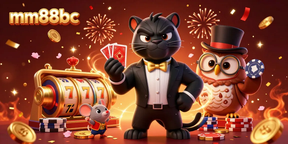 Experience excitement at mm88bc with stylish characters playing slots among vibrant celebratory elements.