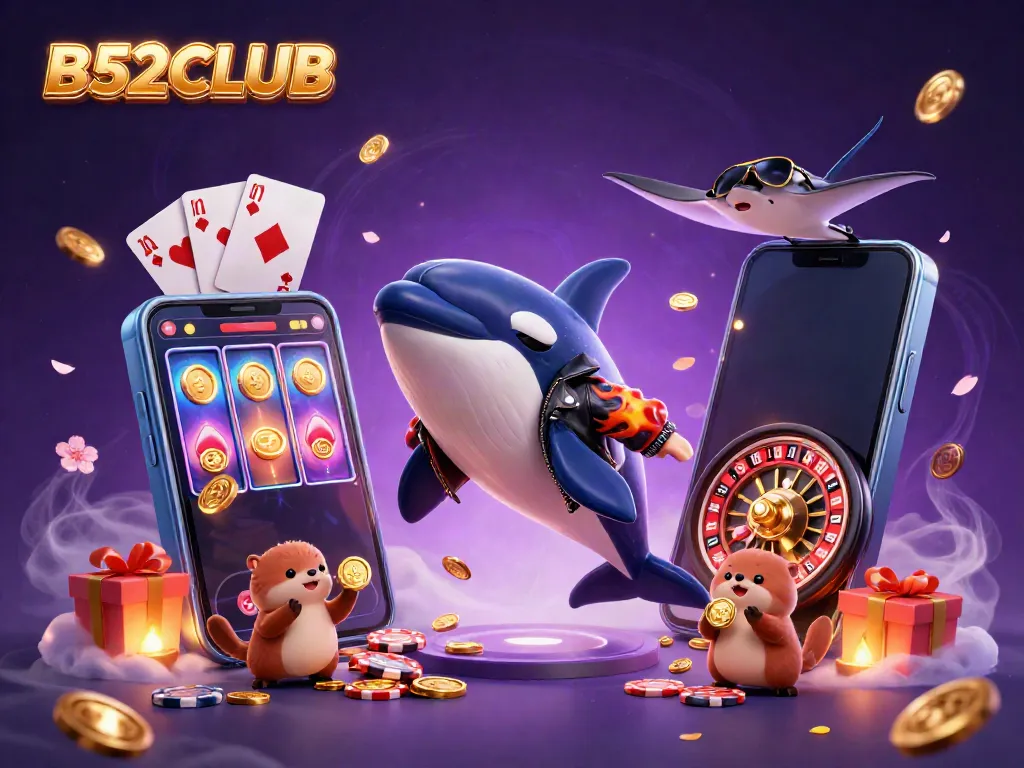 B52CLUB features an orca whale and sea otters celebrating with coins and games in a vibrant casino illustration.