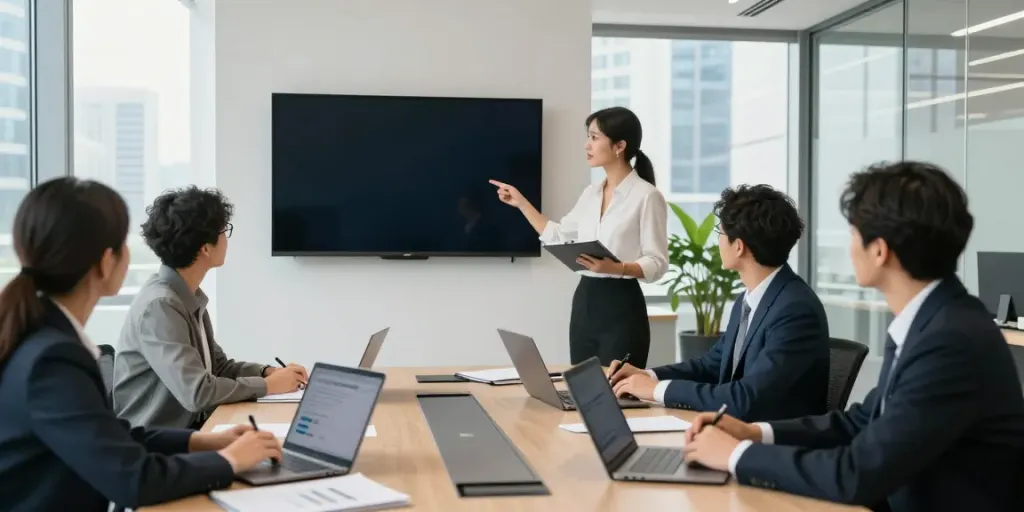 Engaging professional meeting discussing Inkasso fuer Konzerne strategies in a modern office.
