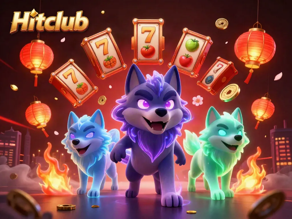 Experience thrilling gameplay at Hitclub with enchanting wolves, dazzling slot reels, and dynamic casino elements in high detail.