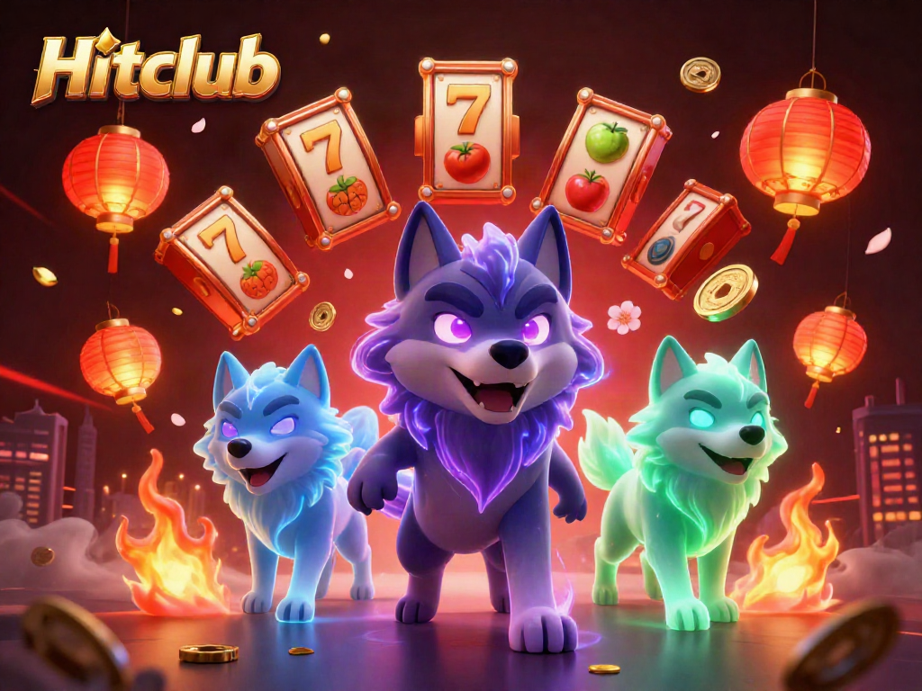 Experience thrilling gameplay at Hitclub with enchanting wolves, dazzling slot reels, and dynamic casino elements in high detail.