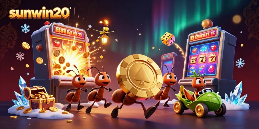 Engaging scene of ants heisting a giant poker chip at sunwin20, surrounded by exploding slot machines and festive lights.