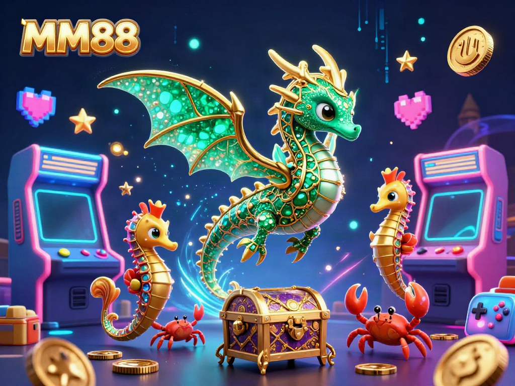 Experience thrilling MM88 gaming adventures with vibrant 3D sea creatures and arcade elements.