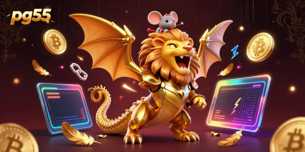 pg55 features an impressive chimera character combined with crypto elements in a vibrant casino setting.