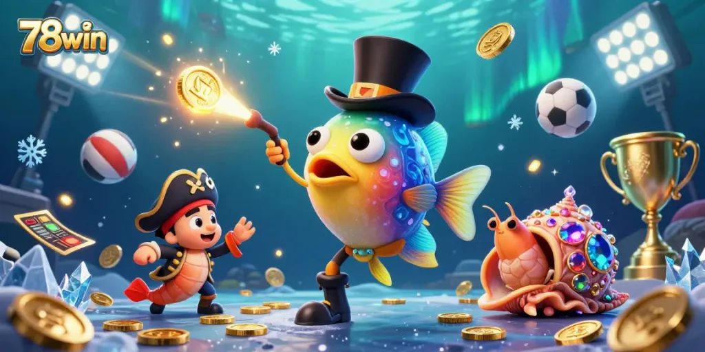 Experience the excitement of 78win with a captivating underwater casino scene full of lively characters and game elements.