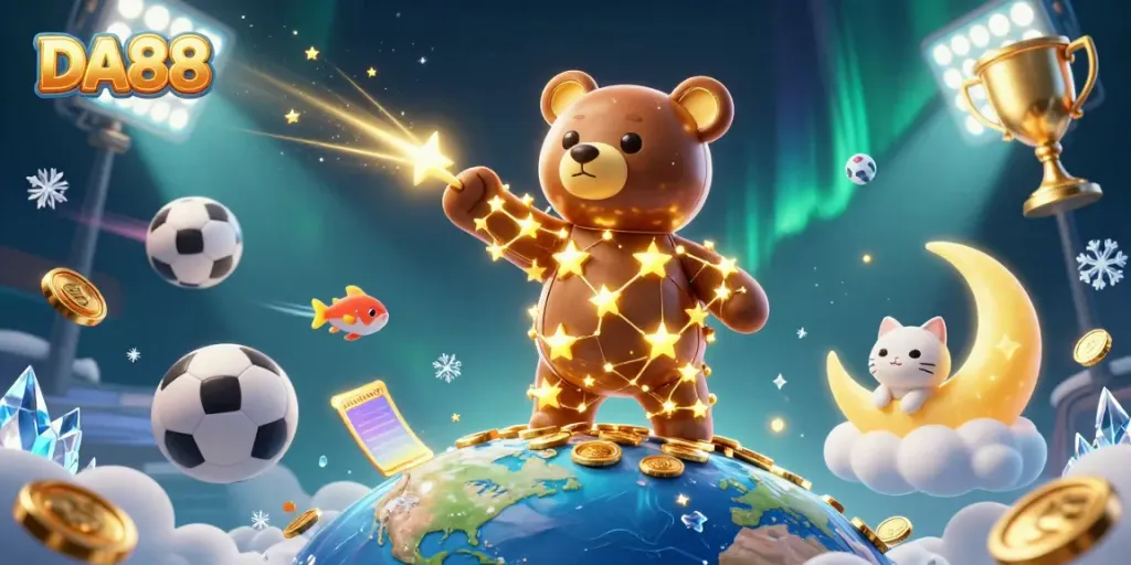 Experience thrilling gaming excitement with DA88, featuring a dynamic scene of constellation bear and sports elements.