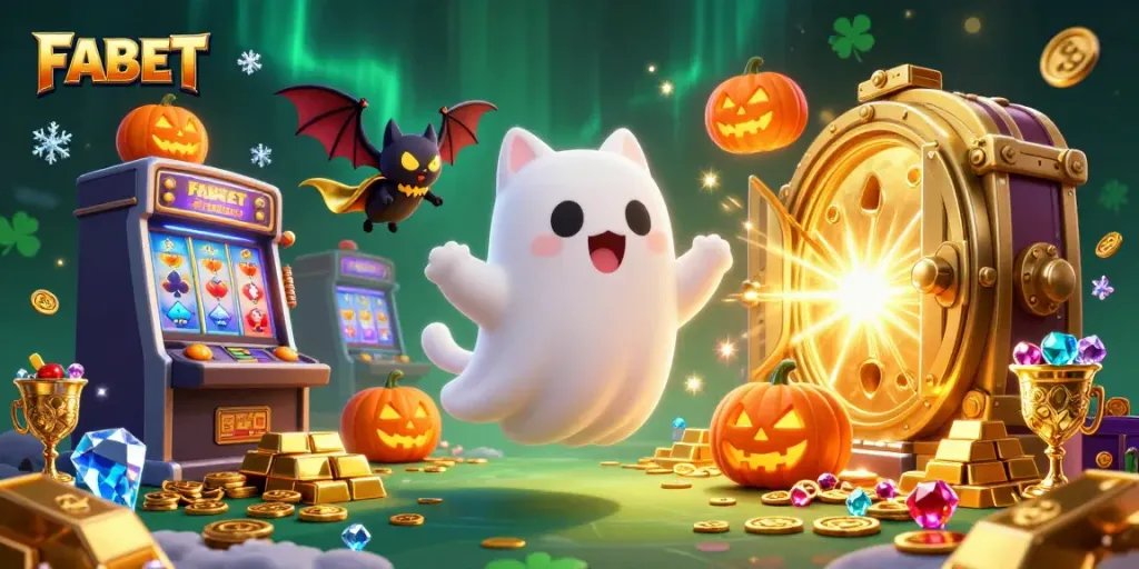 Win big at FABET with a festive ghost cat and a bat in a vibrant casino scene.