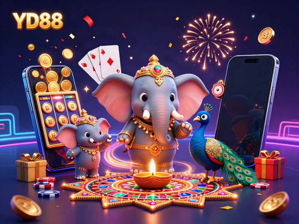 Experience vibrant gambling excitement with YD88 in a colorful 3D illustration of games and festive visuals.