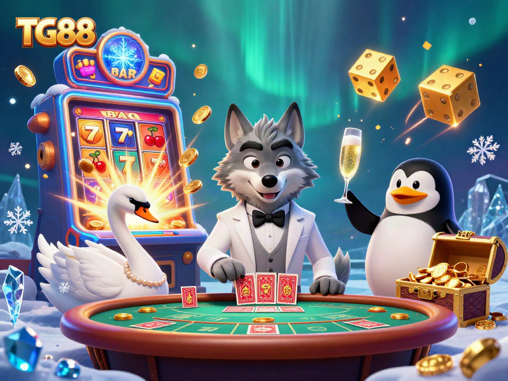 Join the fun at TG88 with a lively casino scene featuring characters at a baccarat table.
