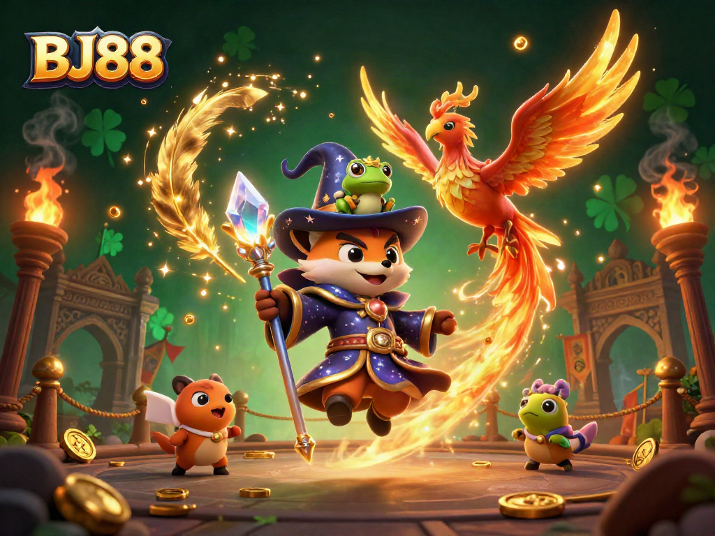 Engage with BJ88's vibrant casino world showcasing the wizard fox, phoenix, and golden treasures