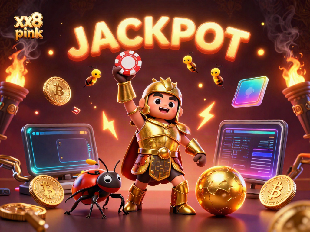 Experience winning moments with xx8 pink in this vibrant 3D illustration showcasing a gladiator beetle in a casino setting.