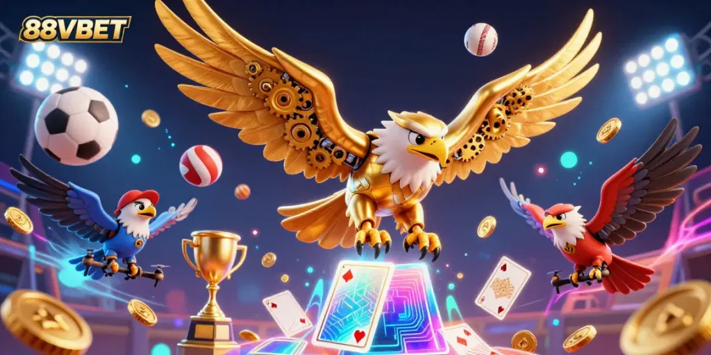 Engage with thrilling games at 88VBET featuring a cybernetic eagle amidst dynamic sports elements and betting visuals.