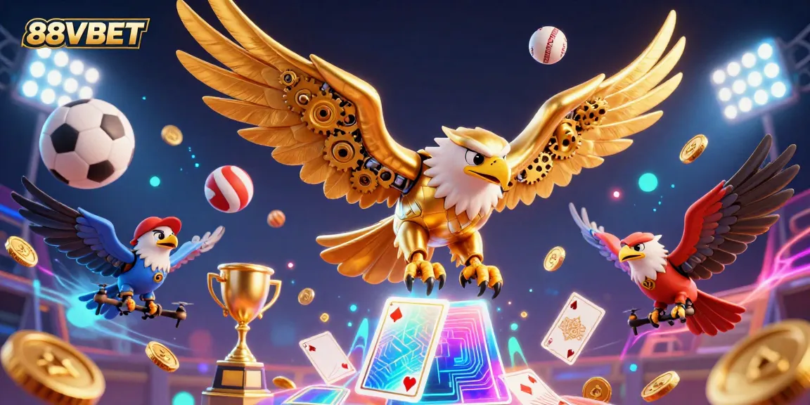 Engage with thrilling games at 88VBET featuring a cybernetic eagle amidst dynamic sports elements and betting visuals.