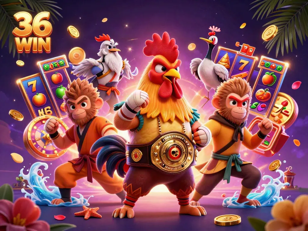 Experience thrilling gameplay with 36 WIN characters amidst colorful slots and jackpot excitement.
