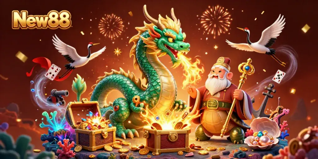 Engage in thrilling gameplay at New88 surrounded by fantasy elements like a dragon, turtle sage, and lucky cranes.