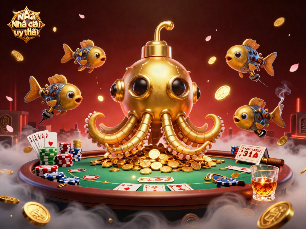 Engage with Nhà cái uy tín through an exciting 3D illustration of a kraken submarine amidst golden coins and poker elements.