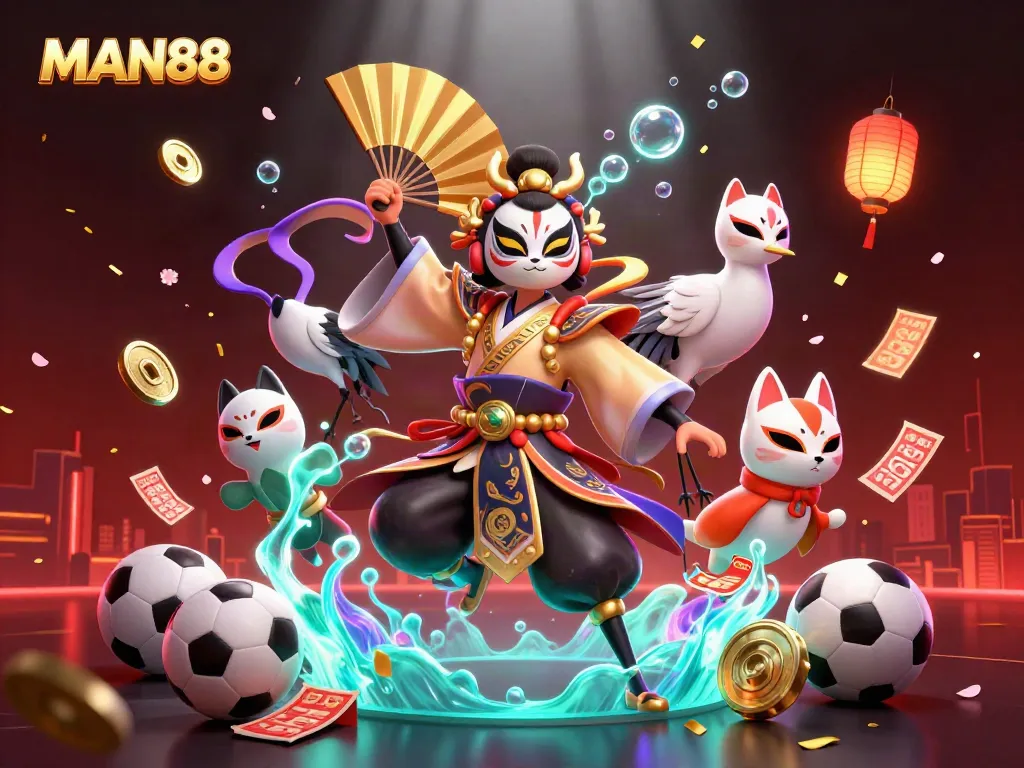 Engage with MAN88, where a kabuki warrior and kitsune bring excitement to sports betting.