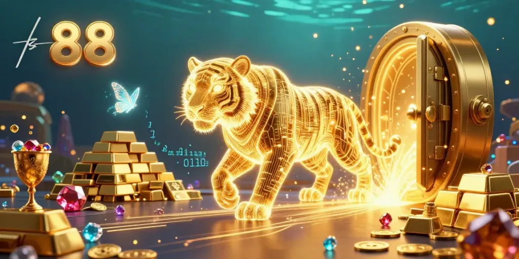 Win big at tk 88's vibrant digital casino with a mesmerizing golden tiger and dazzling treasures.