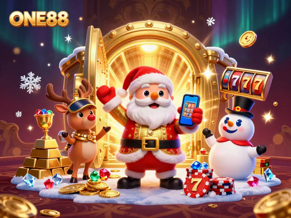Engaging ONE88 jackpot scene with Santa, reindeer dealer, snowman, and golden treasures.