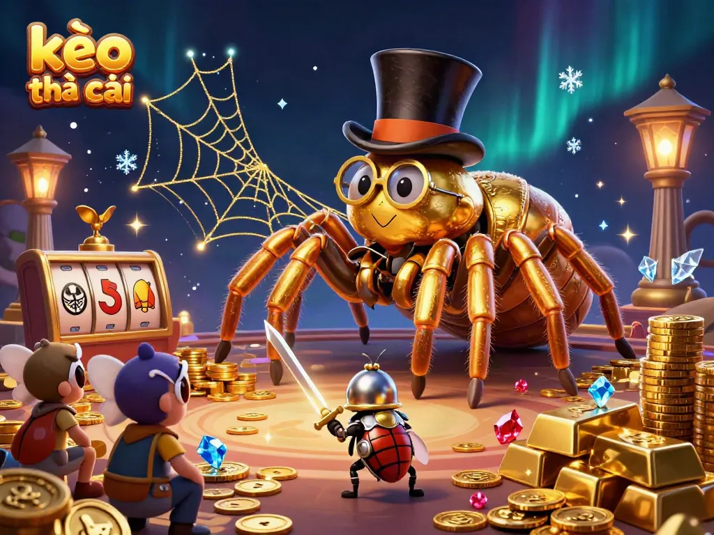 Engage in thrilling bets with kèo nhà cái featuring an adventurous golden tarantula and beetle knight in an exciting casino scene.