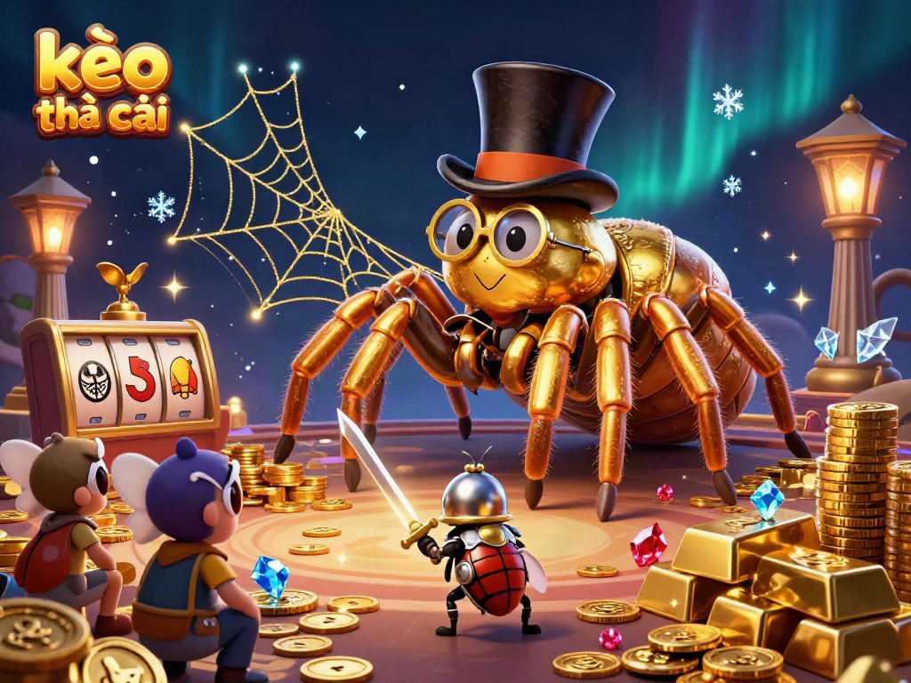 Engage in thrilling bets with kèo nhà cái featuring an adventurous golden tarantula and beetle knight in an exciting casino scene.