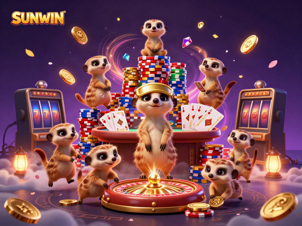 Engage in thrilling games at SUNWIN casino with unique meerkat characters managing a vibrant casino.