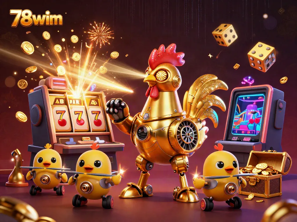 Engage with thrilling 78wim gambling action featuring golden robot and vibrant slot machine scene.