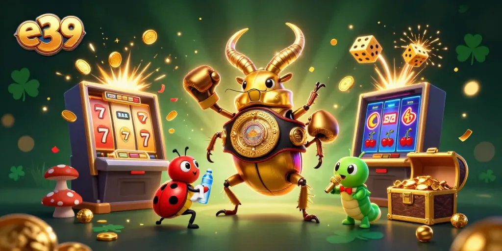 Engage with e39 in an exciting casino scene featuring a giant stag beetle and jackpot explosions.