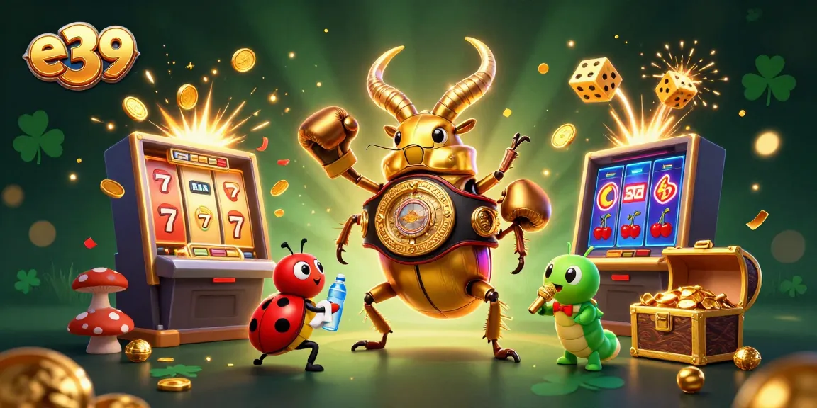 Engage with e39 in an exciting casino scene featuring a giant stag beetle and jackpot explosions.